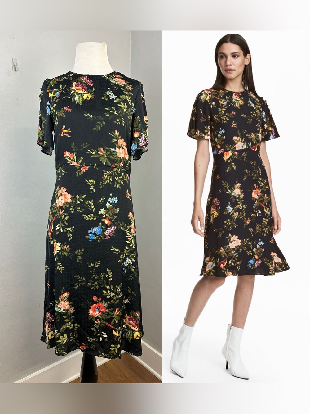 H&M Floral Bird Midi Silky Black
Dress Sz 6